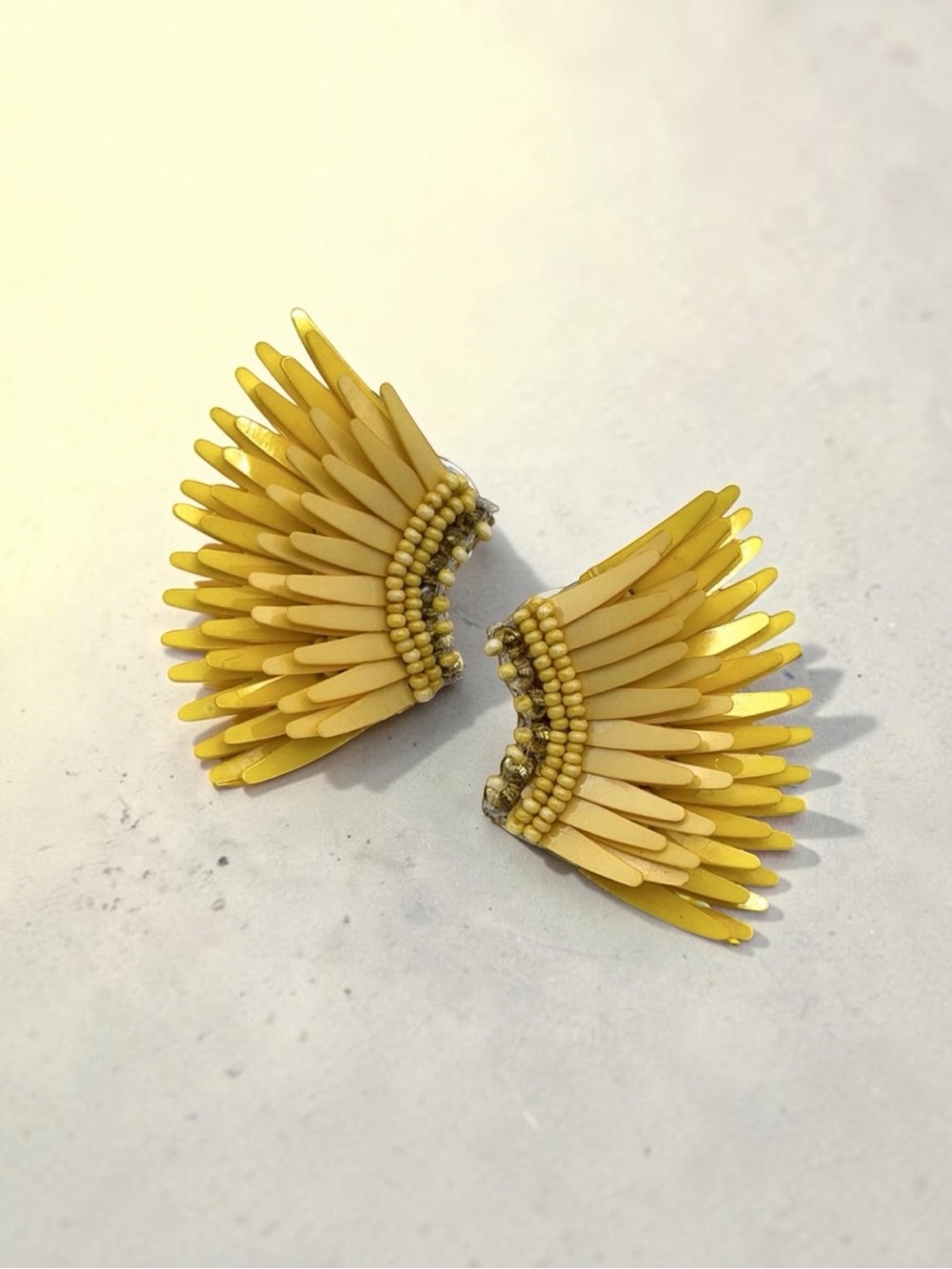 Mignonne Gavigan Mini Madeline Beaded Bright Yellow Resin Wing Earrings 1.5”